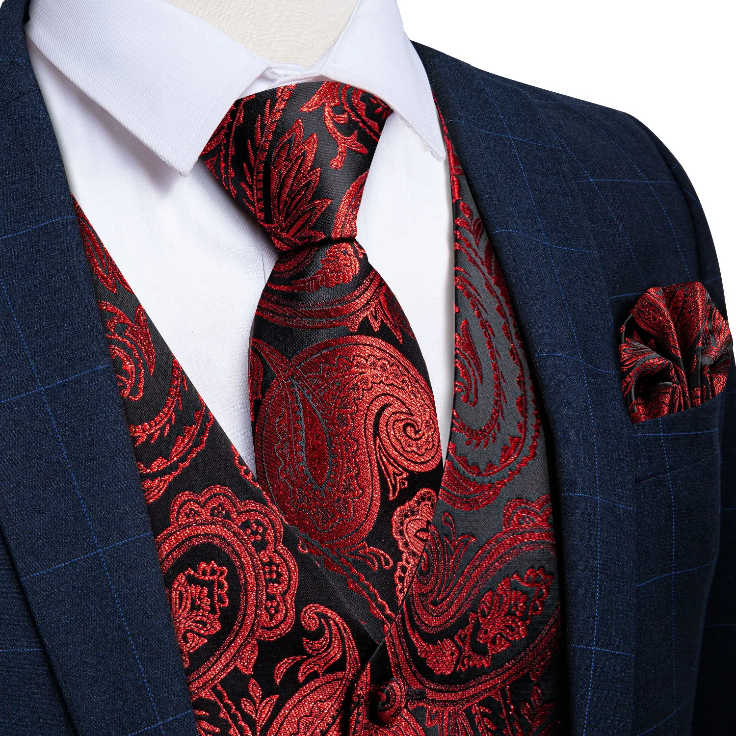 Red Silk Paisley Suit Vest for Men Wedding new Party Waistcoat Tie 2025 Handkerchief Cufflinks Tuxedo Male Blazer DiBanGu