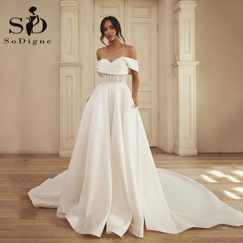 SoDigne White Beading Satin Wedding Dresses With Pockets A Line 2025 Off The Shoulder Wedding Party Gown new Corset Bridal Gown Brides
