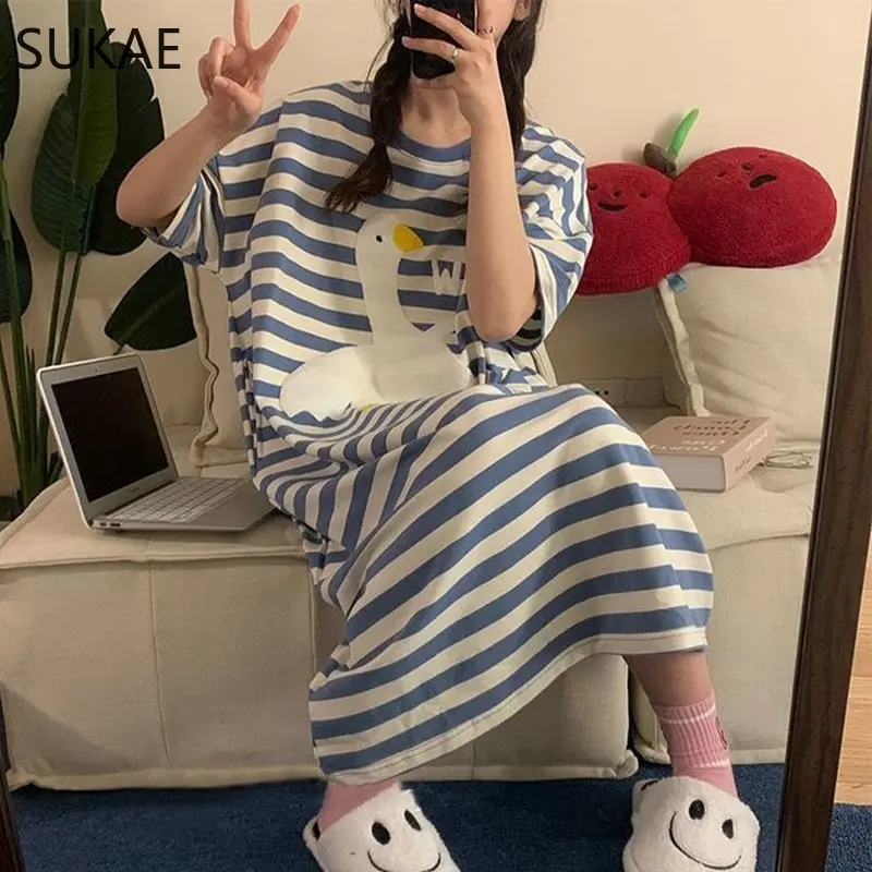 Korean Big White Swan Embroidery Sleepshirt for 2025 Women Summer Short Sleeve Long Nightgowns Mid-Calf Gowns Blue new Strip Nightdress