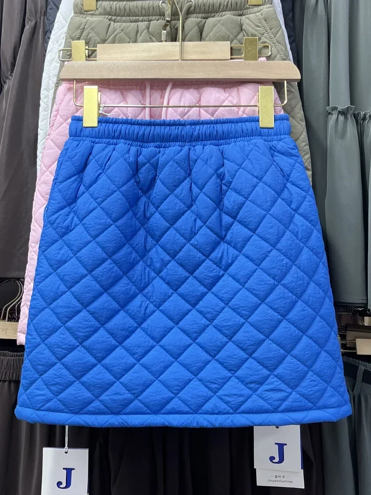 Casual Skirt Shirring Solid Plaid Quilted Elastic High Waist Women's Clothing Korean Style A-line Warm Skirts Autumn Dropship