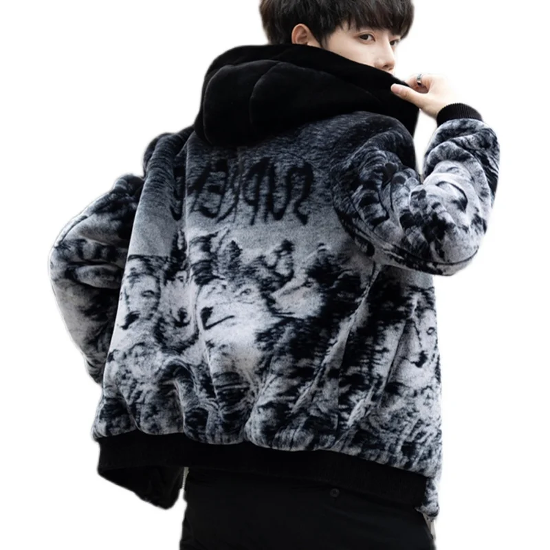 Autumn and Winter New Faux Fur Coat Men's Canary Velvet Coat Long Cap Large Male Print Contrast Color Coat Men Jacket V110