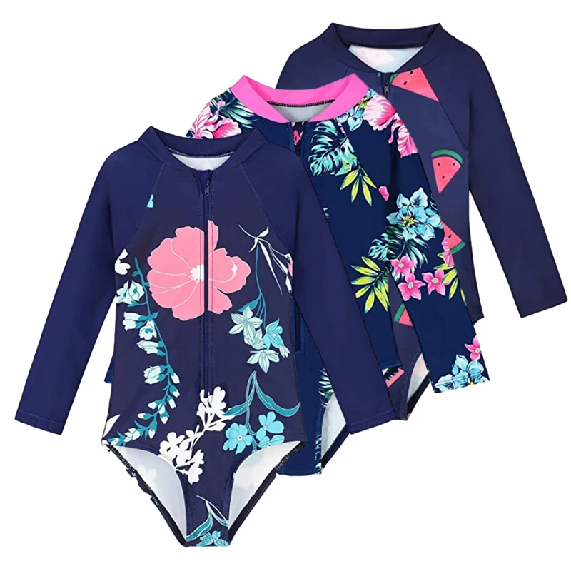 Kids Baby Girl Swimsuits Floral Print Summer Long Sleeve Jumpsuit Swimwear Beachwear Children Bathing Suits One-Piece