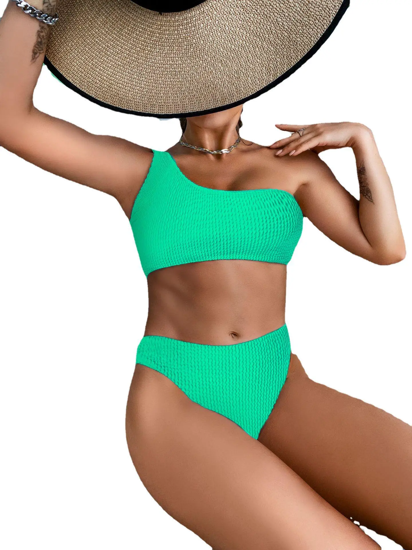 2024 Sexy new 2025 Ribbed Bikini Women's Swimsuits One Shoulder Swimwear Women Biquini Solid Brazilian Bikinis Set Bathing Suits Drop