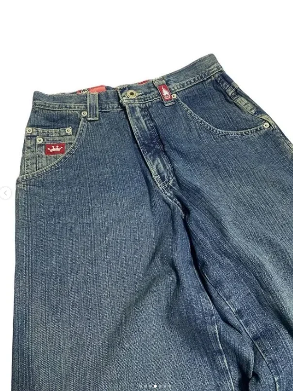 Y2K American Retro Pocket Embroidery Street Denim Wide-Leg Pants Harajuku Style Series Hip-Hop High-Waisted Straight Baggy Pant