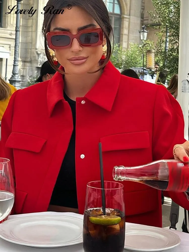 Elegant Lapel Women Pocket Red Jacket Long Sleeve Single-breasted Short Coat 2023 Autumn Winter Office Lady Commuter Tops smile