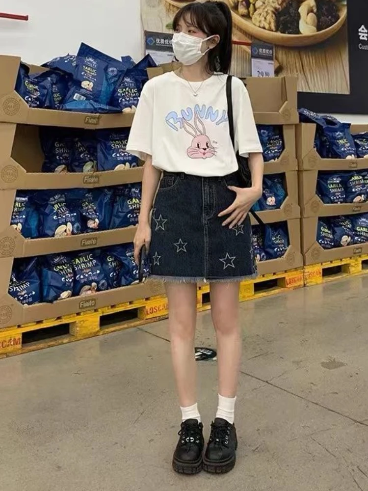 Haruku Women Denim Skirt Gothic Punk Vintage Star 2025 Embroidery High Waist Faldas Japanese Tassel new Y2k Skirts Saia Mujer