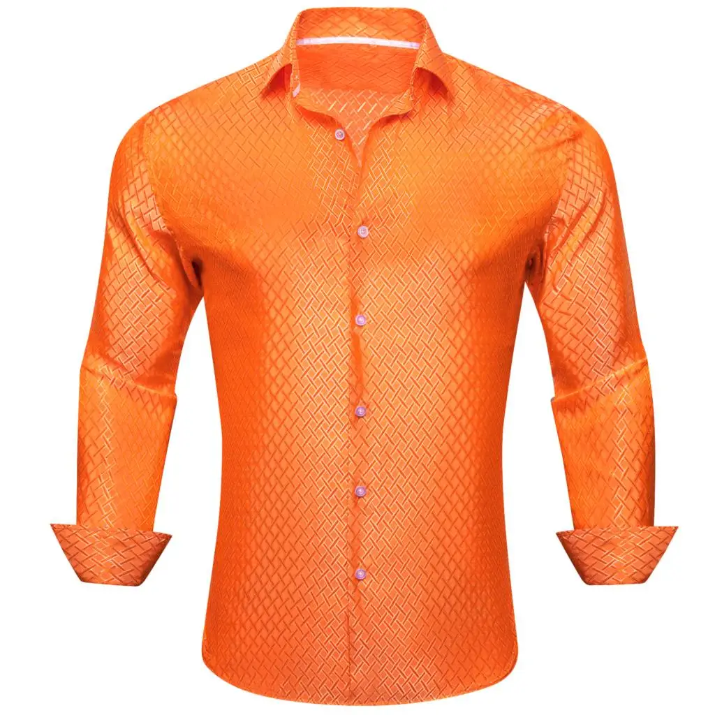 Silk new Shirts for Men Satin Orange Solid Long Sleeve Slim Fit Male Blouse Casual Formal 2025 Tops Breathable Barry Wang