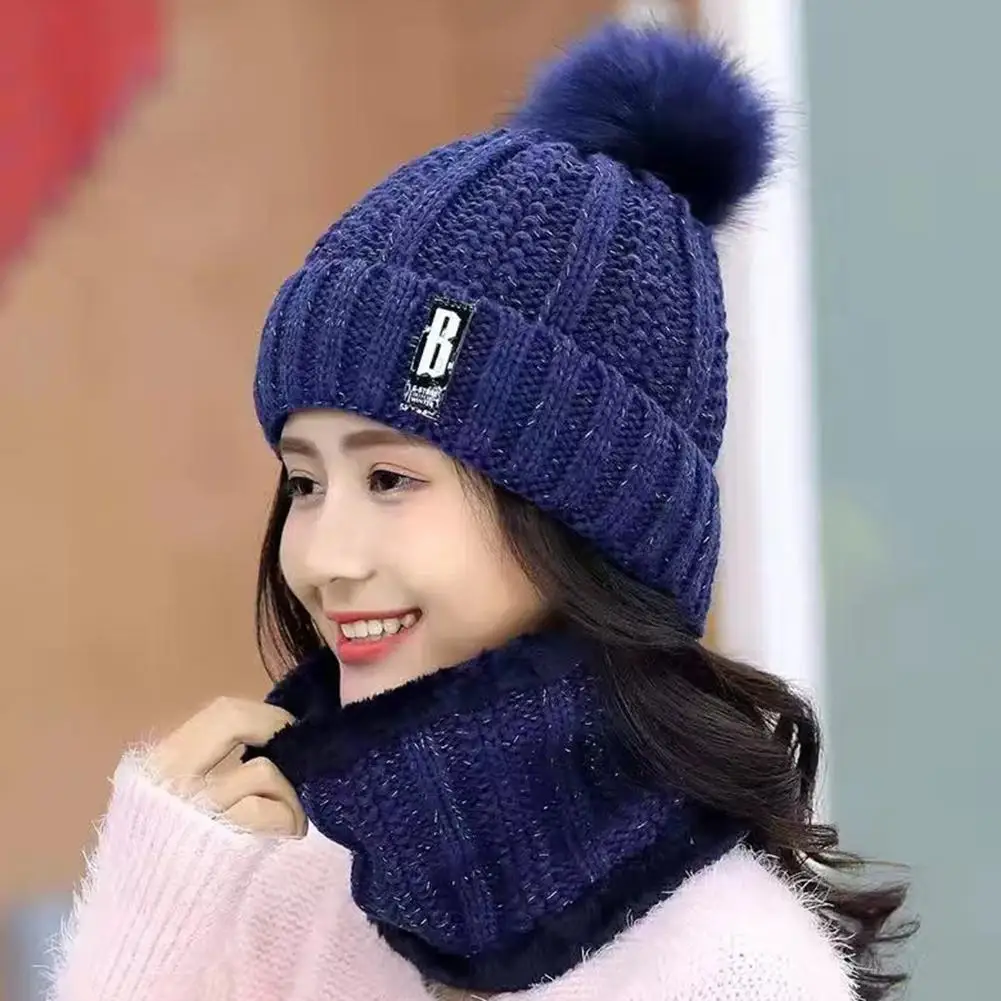 Brand Winter Knitted Scarf Hat Set Thick Warm Skullies Beanies Hats for Women Solid Outdoor Snow Riding Ski Bonnet Caps Girl