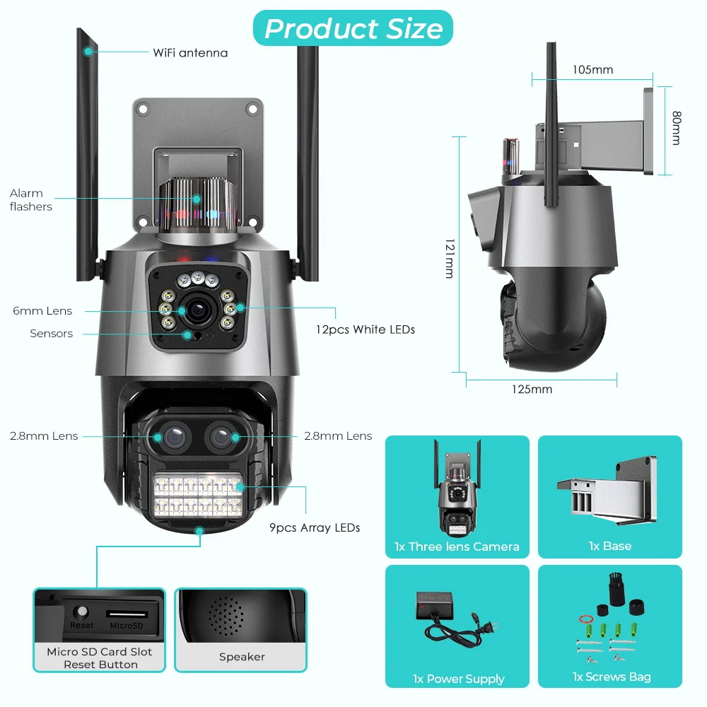 4K 8MP WIFI Camera Outdoor 8X Zoom Three Lens Dual Screen Audio Home Security PTZ Camera Auto Tracking CCTV Video Surveillance