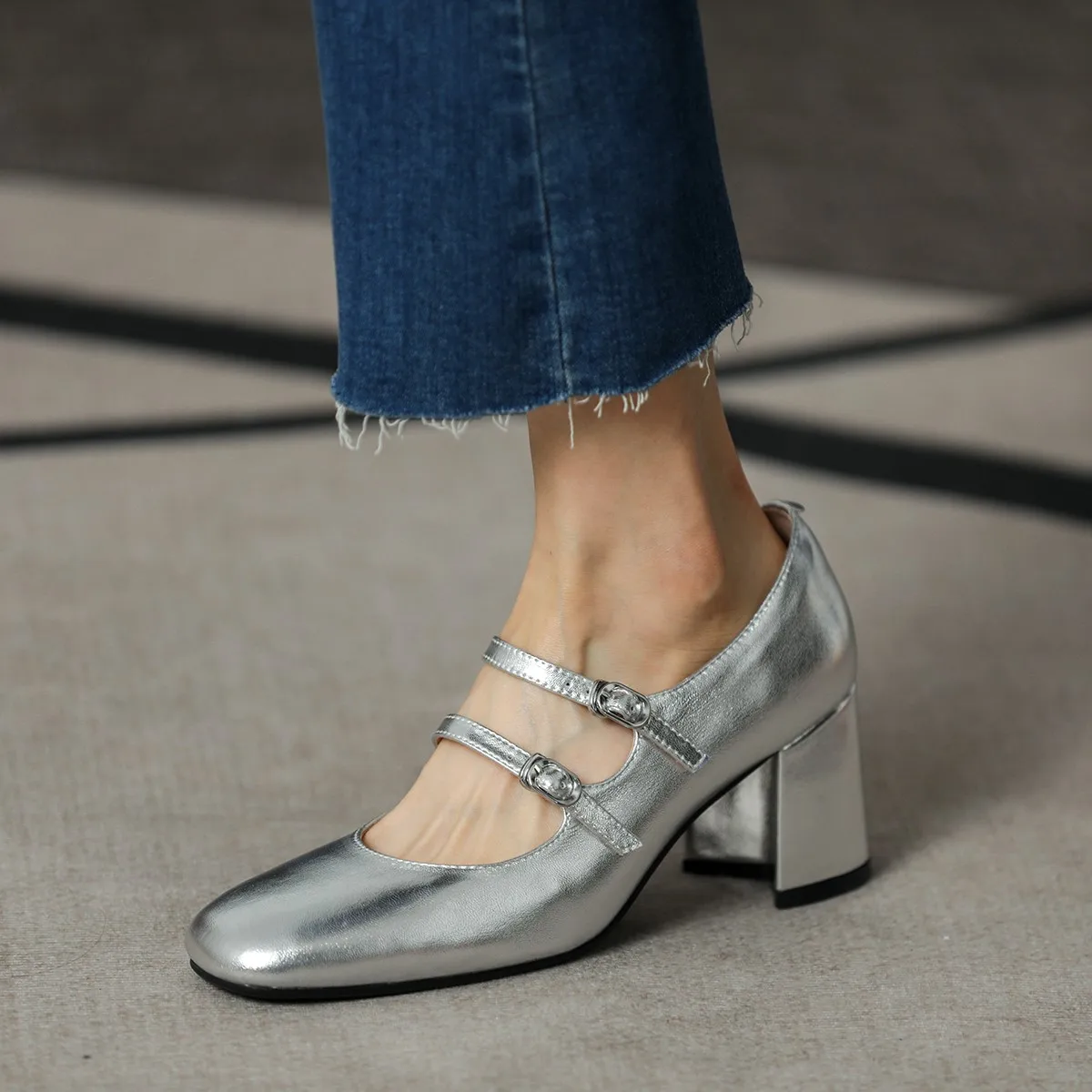 Women Pumps Mary Jane SquareToe Spring Atumn Patent Leather Pumps Two Straps Med Heel Elegant Women Round Toe Shoes