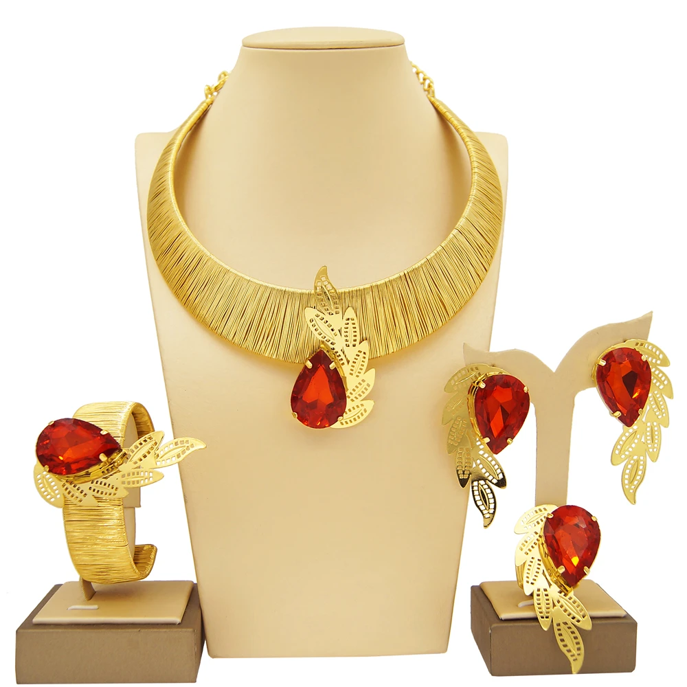 Classic Brazilian Gold Style Woman Jewelry Set Original Gold Plated 24K Necklace Luxury Ruby Pendant Earrings Bracelet SYHOL
