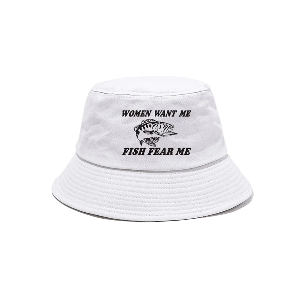 Women Want Me Fish Fear Me Bucket Hats Cool Outdoor Fishing Cap Summer Sunscreen Fisherman Hat MZ-478