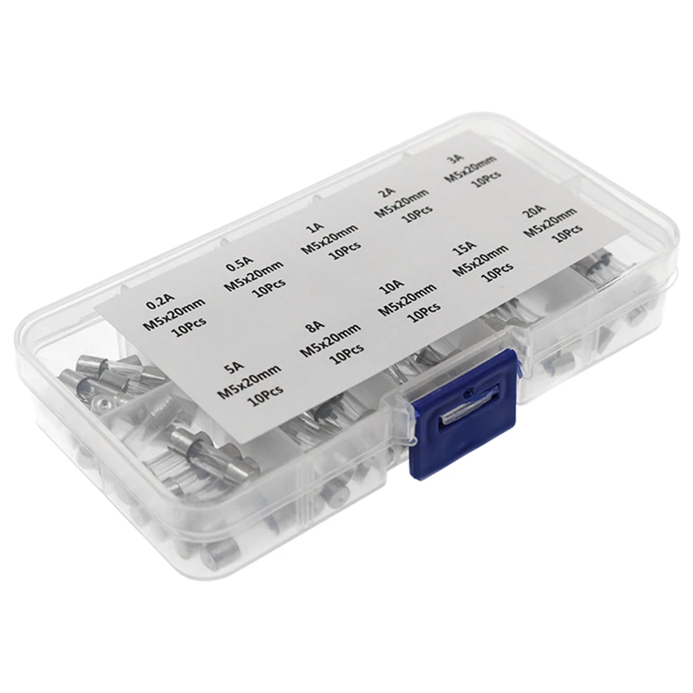 100Pcs Glass Tube Fuse Assorted Kit 5 * 20MM Fast Acting Glass Fuse Amp 0.2A-20A Glass Fuse Assortment Pack with Storage Box