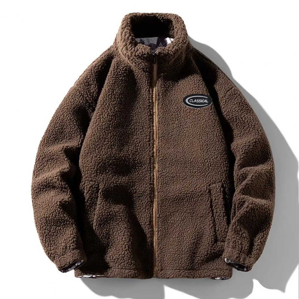 Autumn Winter Thick Warm Men Faux Sherpa Jacket Stand Collar Zipper 2025 Pocket Long Sleeves Casual new Solid Color Male Casual Coat