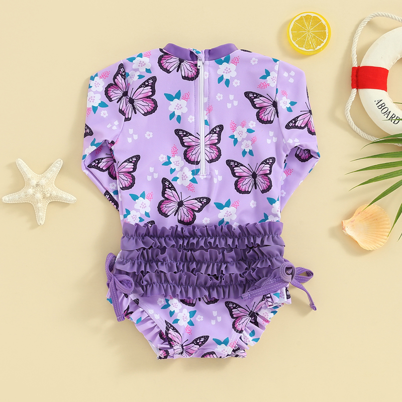0-3Y Baby Girls Rash Guard Swimwear Butterfly Floral Long Sleeve Ruffle Romper Swimsuits Toddler Beachwear Kids Bathing Suits