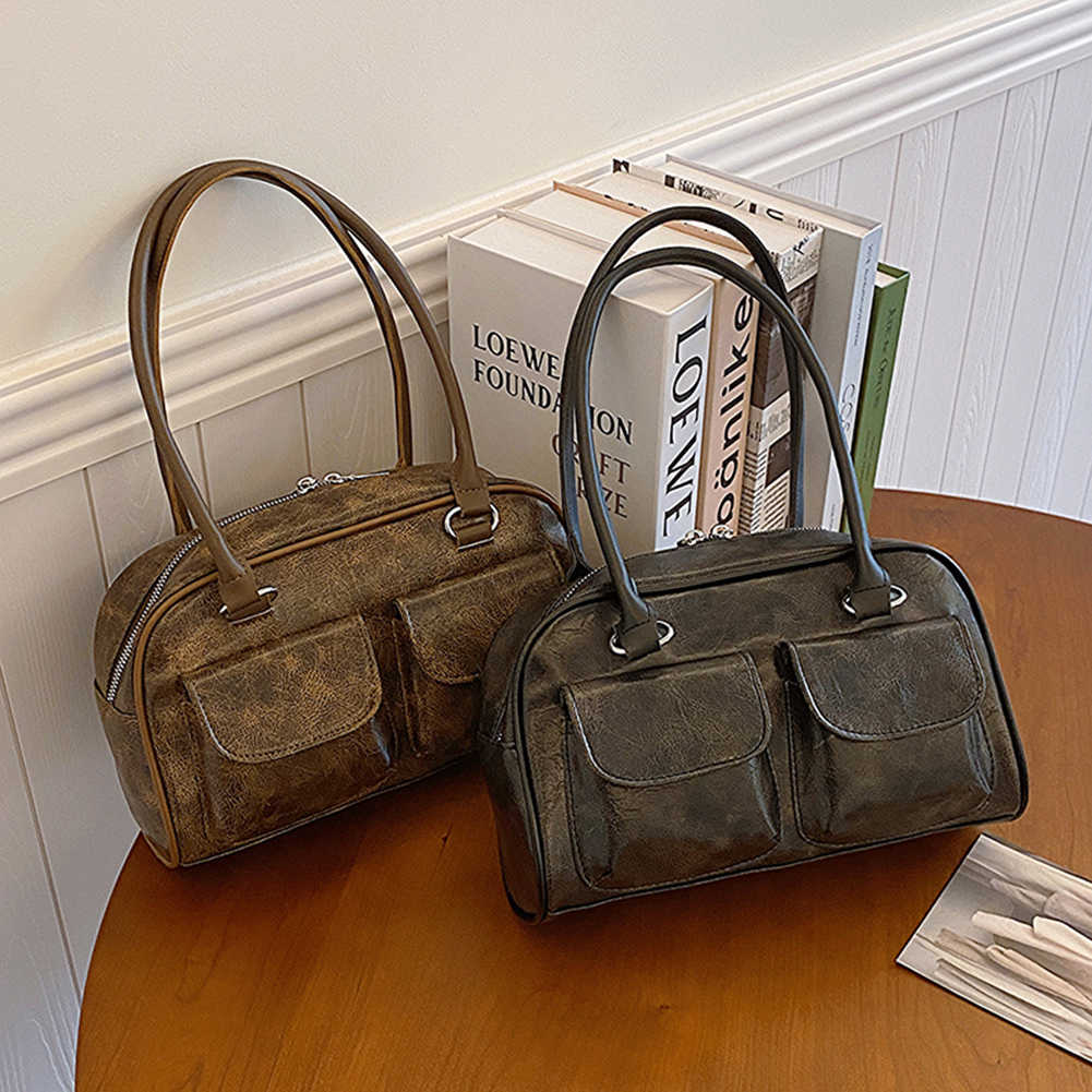 Women Small Casual Handbag Double Pocket PU Single Shoulder Bag Solid Color Simple Commuting Bag Large Capacity Retro Handbag