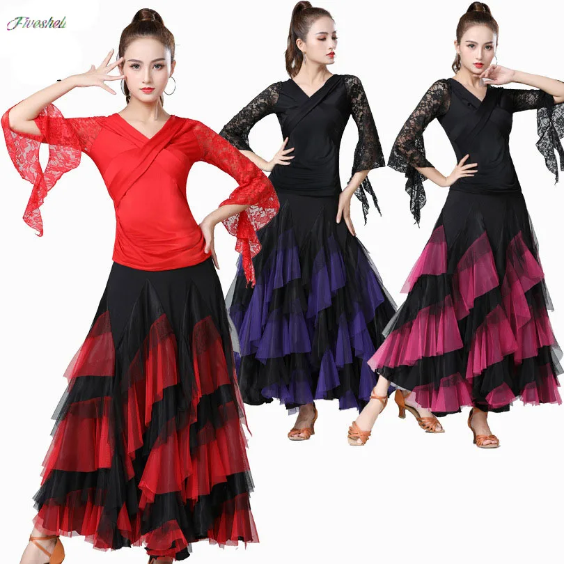 Women s skirt Dancing Costume Flamenco Waltz Ballroom Dance Skirt Layered Big Swing Spanish Skirts