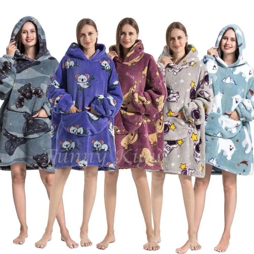Winter Hooded Sweater Blanket Women Kids Oversized Fleece Blanket With Sleeves Children Adult Warm Thick TV Hoodie Robe Couple