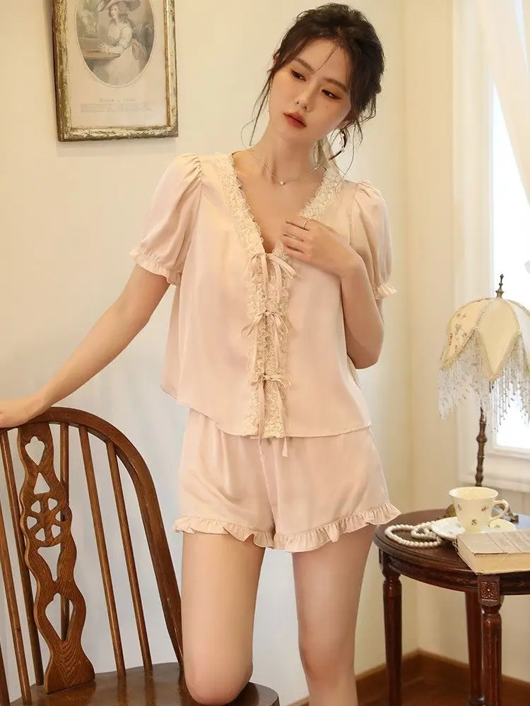 Summer French Style Lace Trim Romatic Women Pajamas Set Female V-neck Silk Stain Home Suits Lantern Sleeves Ruffles Sleepwear