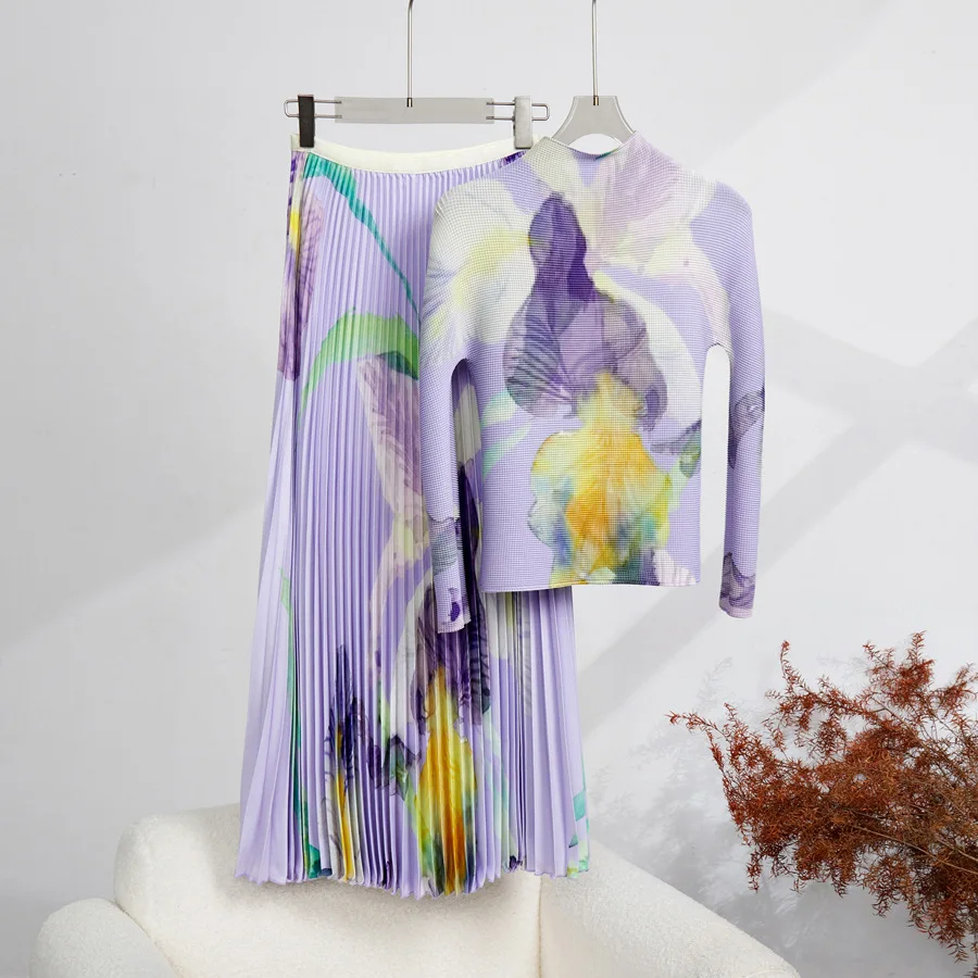 Women Autumn Vintage Dress Pleated Wer Suit Women's Stretch Pullover Tops High Waist Ral Printed Skirt Holiday Runway Two Piece Set