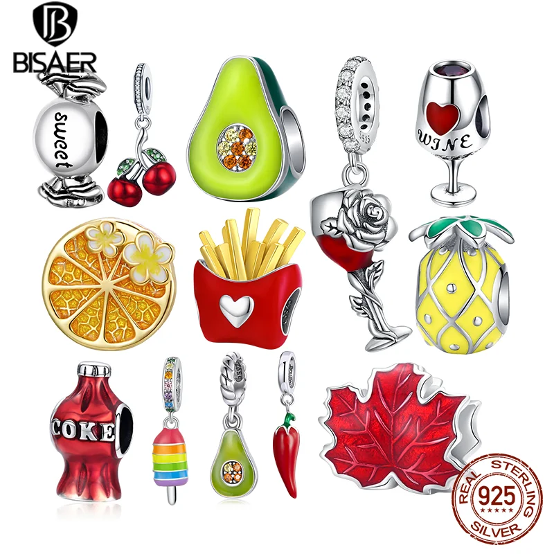 2025 BISAER Sterling Sier Red Wine Glass Rose new Charm Bead Cherry Fruit Pendant Fit Girl Bracelet&Necklace DIY Fine Jewelry Gift