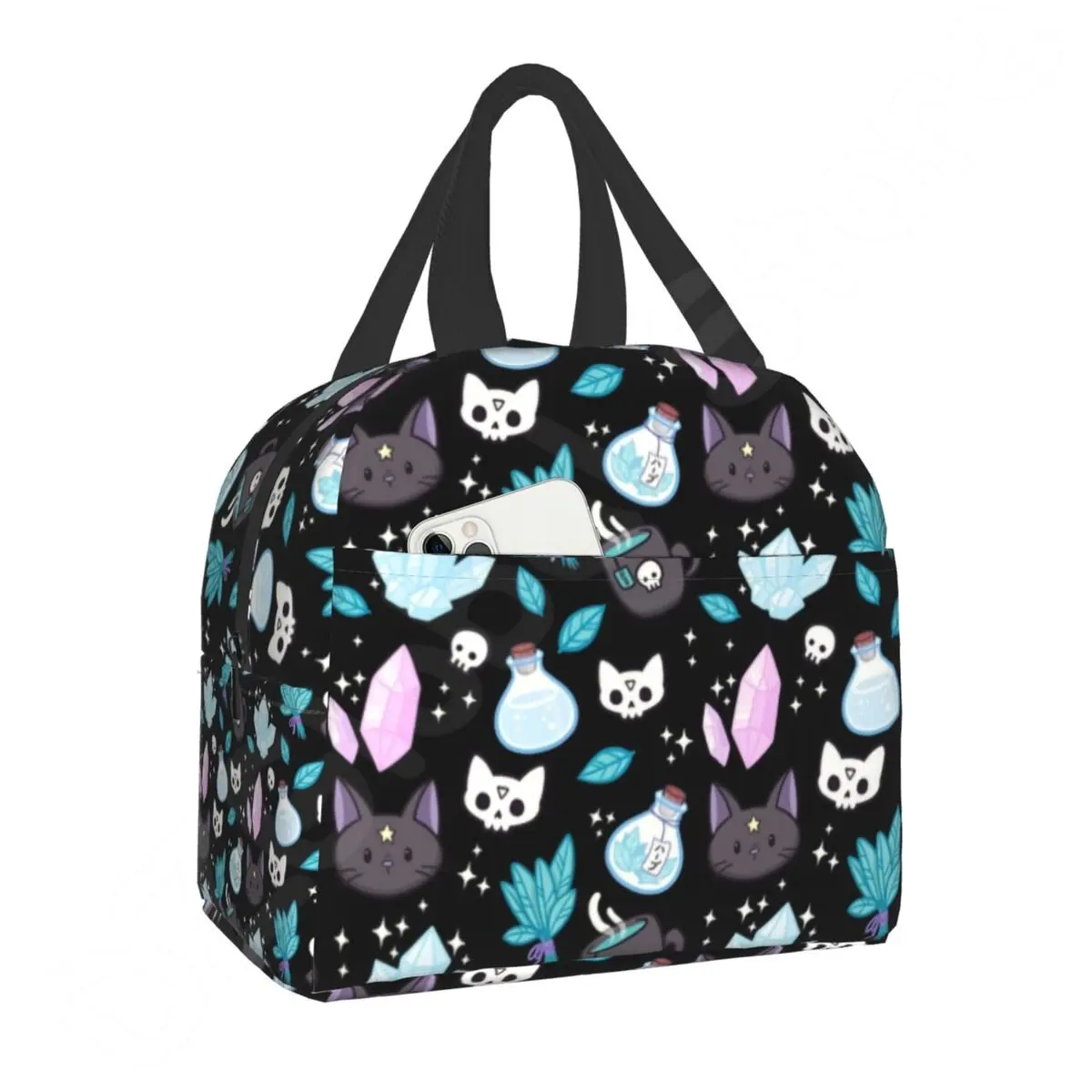 Witch Pattern Herb Insulated Lunch Bag for School Office Halloween Cat Skull Leakproof Cooler Thermal Bento Box Women Children smile