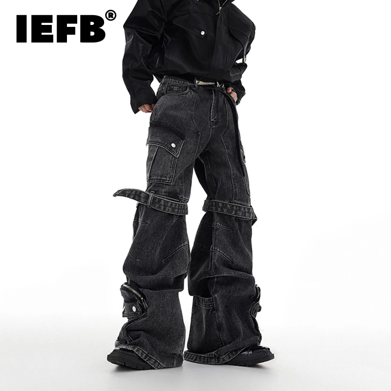 IEFB Mens's Baggy Jeans Washed Multi Pocket new Jean Overalls Strap Design 2025 Wide Leg Workwear Denim Pants 2023 New Darkwear 24X1350