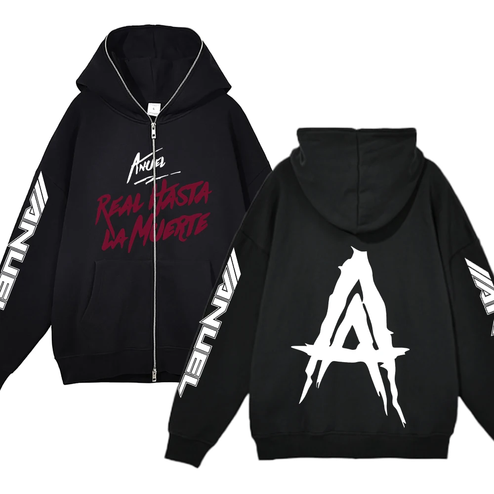 Hip Hop Streetwear Hoodie Anuel AA Real Hasta La Muerte Print Full Zipper Hoodies Punk Rapper Loose Sweatshirts Y2K Cardigan