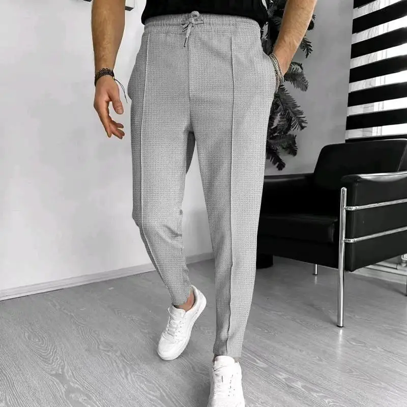 Autumn new and Winter Men's Casual 2025 Pants Waffle Elastic Waist Jogging Pants Men's Black Grey Pants