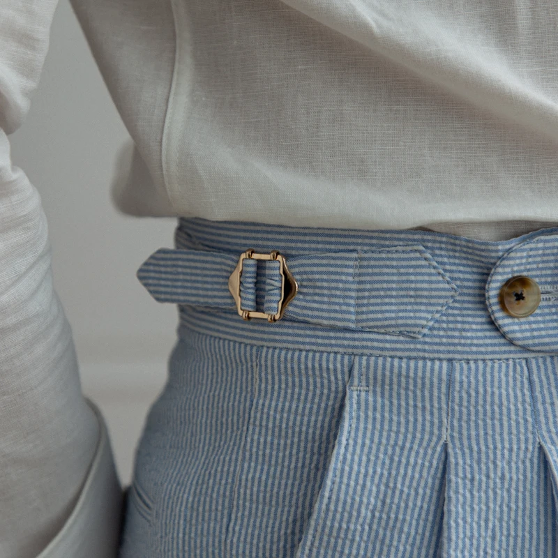 2023 Spring Seersucker High Waist Straight Pants British Petty Bourgeoisie Blue Stripe Italian Casual Trousers Men