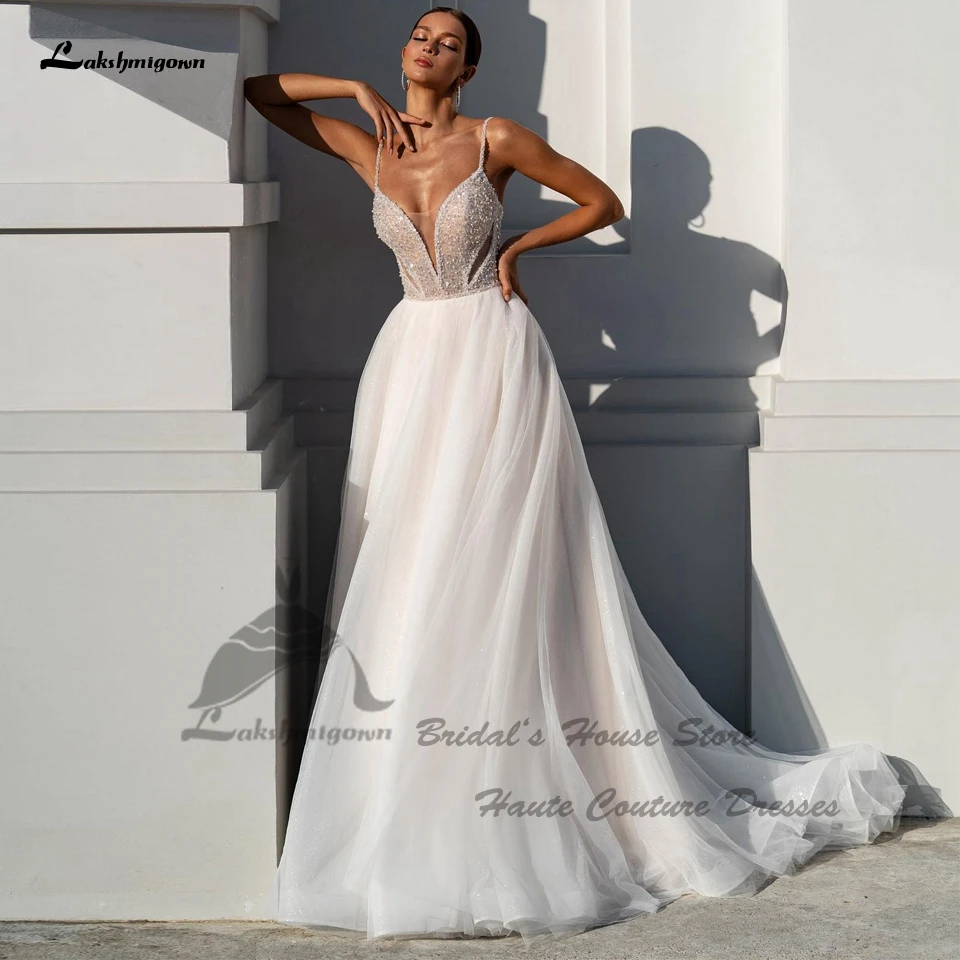 Lakshmigown Champagne Beading Beach Wedding new Dresses 2024 New Mariage V Neck Sexy A Line Bridal Gowns 2025 Spaghetti Straps