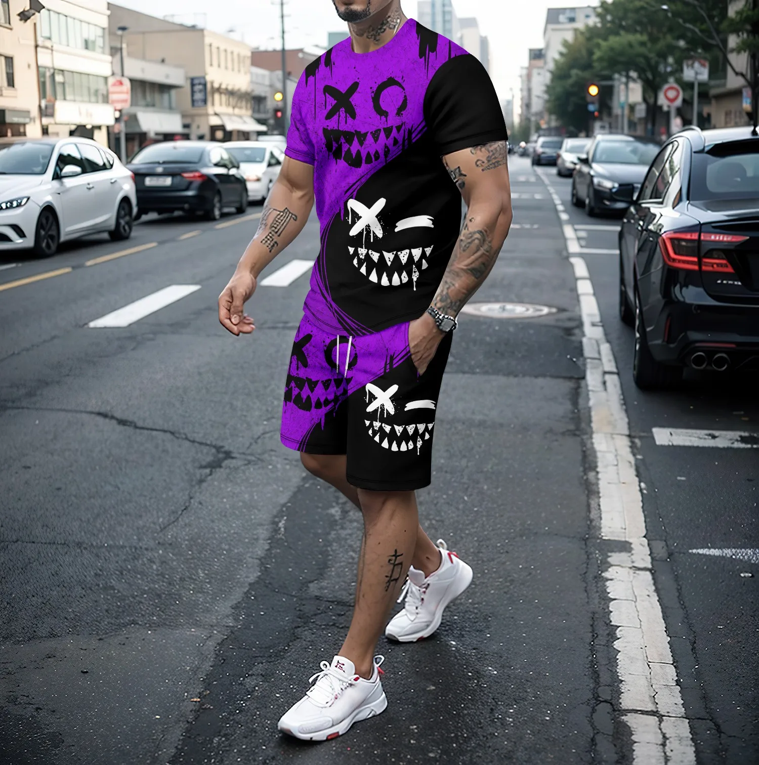 Summer round neck short sleeved T-shirt and shorts set men's 2-piece set 3D funny smiling face pattern casual street sportswear