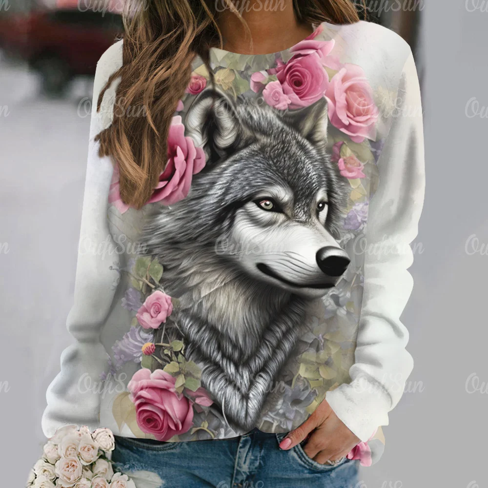 Women's T-Shirt 3D Wolf 2025 Print T Shirts for new Women O Neck Streetwear Ladies Sweater Autumn 2024 New Long Sleeve Pullover Clothes