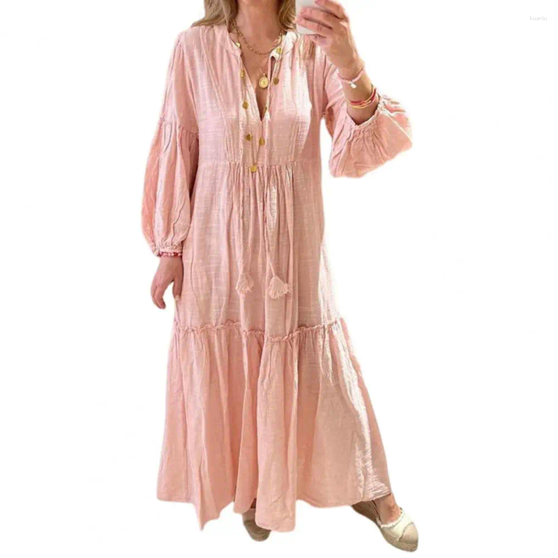 Casual Dresses Spring Soft Dress Pleated Detail Bohemian Beach Maxi With V-neck Bubble Sleeves Womens Loose Patchwork A-line