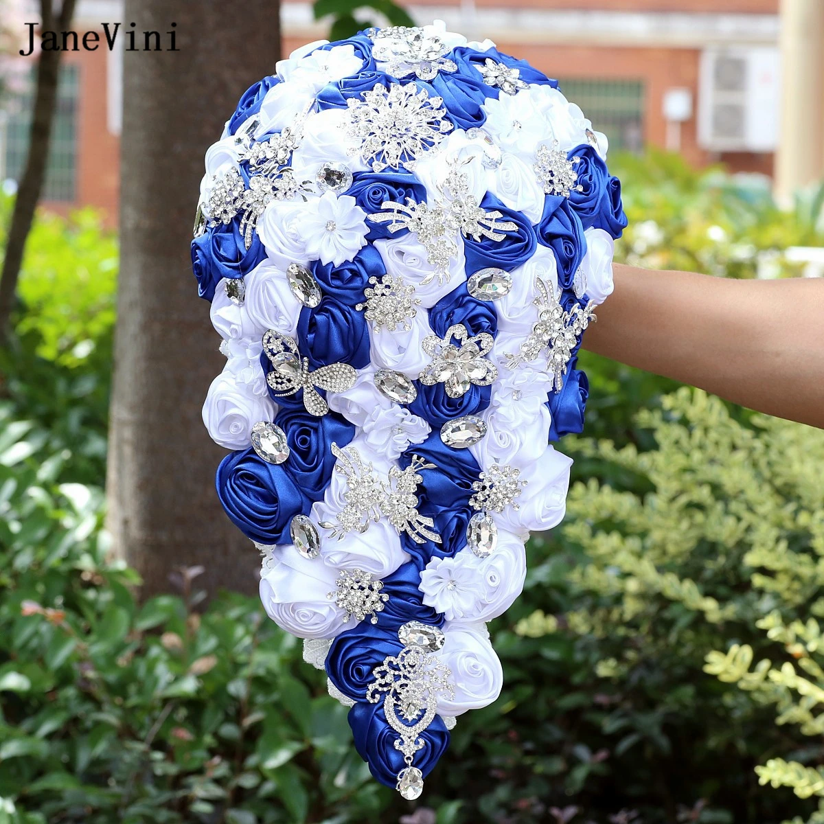 JaneVini Royal Blue White Satin Flowers Waterfall Bridal Bouquets Sparkly Crystal new Cascading Bouquet Accessories 2025 for Bride