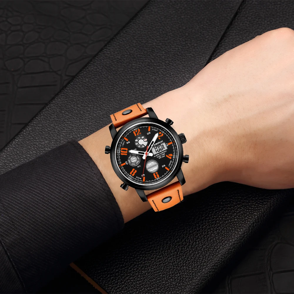 READEEL Sport Watches for Men Dual Display Waterproof Quartz Genuine Leather Wristwatch Digital LED Clock Male Relogio Masculino