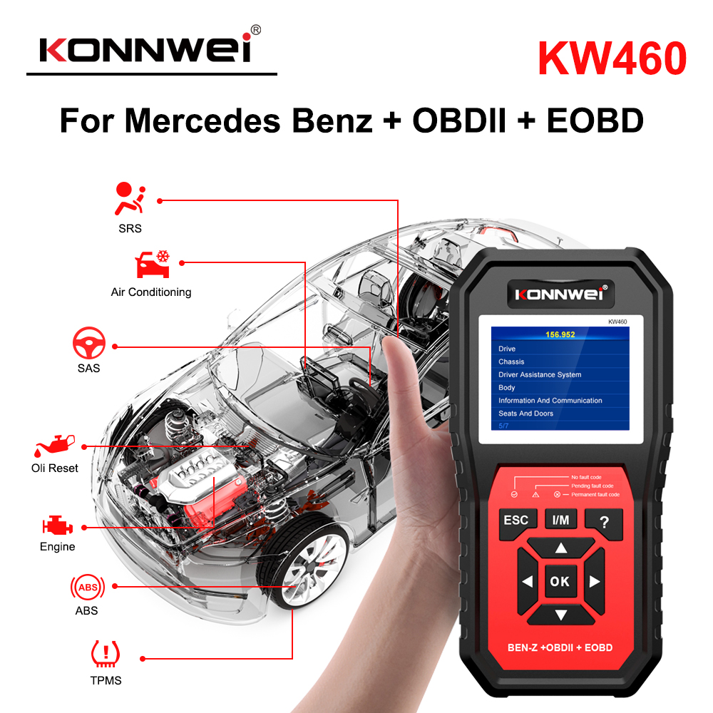 KONNWEI KW460 For Mercedes-Benz Car Auto Diagnostic Tool OBD2 Full System Scanner Airbag Oil ABS SRS TPMS Engine Code Reader f6bc9
