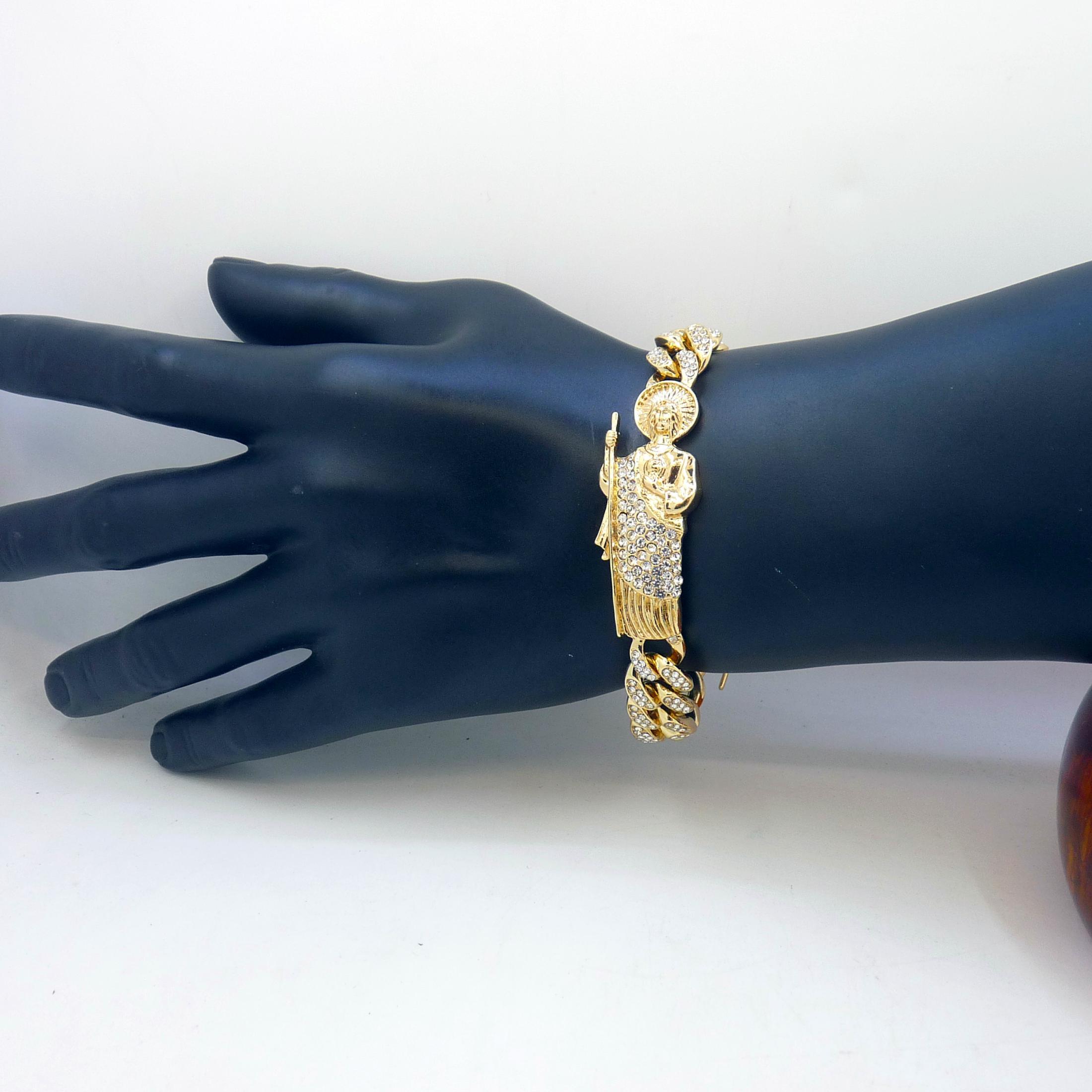 Gorgeous Rhinestone Gold Plated Color Cuban Chain St. Jude San Judas Bracelet