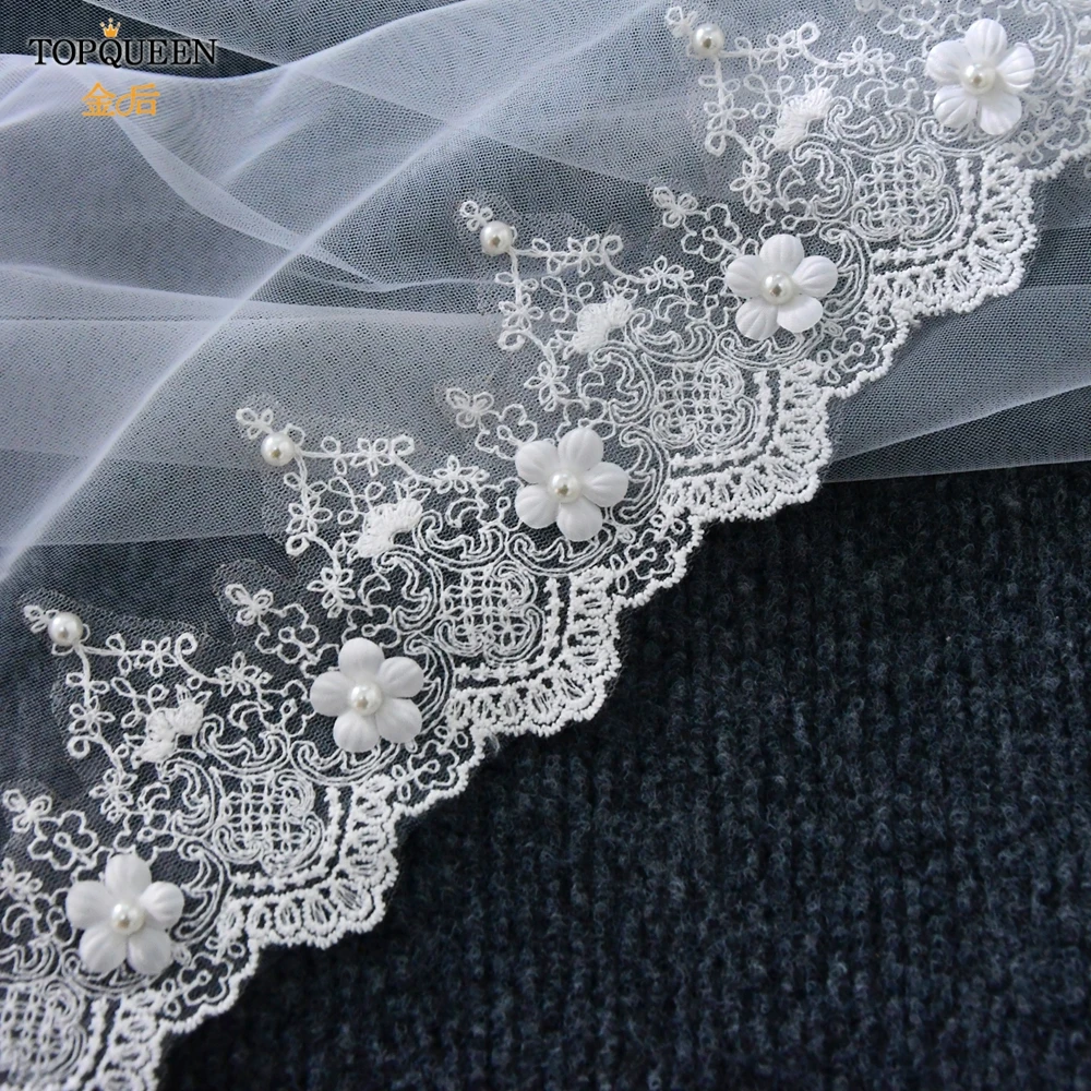 TOPQUEEN Bridal Veils with 3d Flowers Wedding Veil Short Veil Soft Elbow Length Pearl Veil with Comb Lace Edge Bride Veu V96