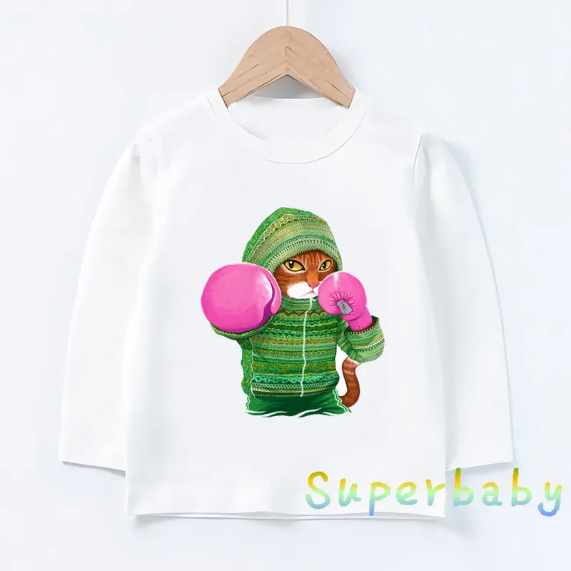 Kids T-Shirts Super Cool Boxing Cat Attack Print Funny new 2025 Girls Boys Clothes Autumn Baby Long Sleeve T shirt Casual Children Tops