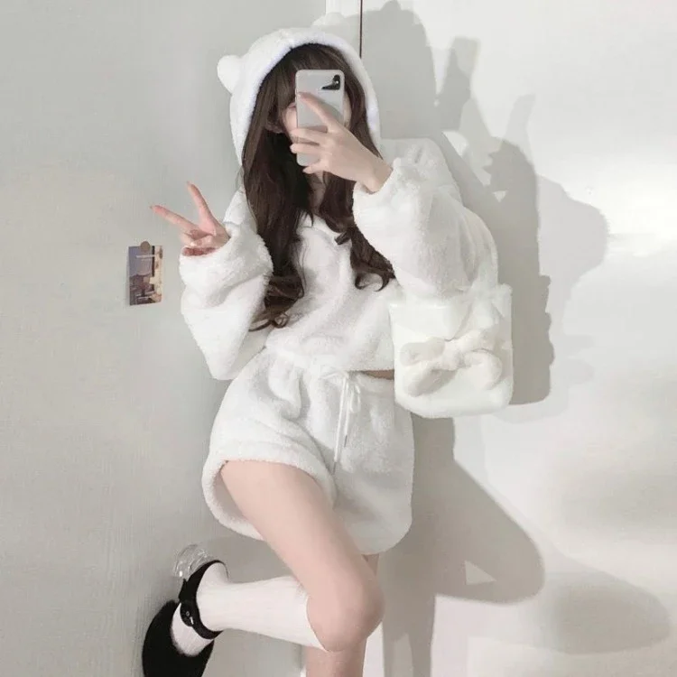 Korean Fluffy Long Sleeve Polar Fleece Hooded Tops Women+ Y2k E-Girl High Waist Shorts 2024 Winter New Two Piece Sets