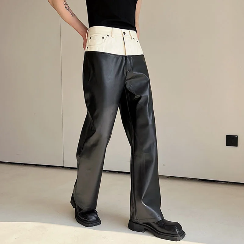 IEFB Designer 2025 Denim Matching PU Leather Color Contrast Versatile Straight Pants new 2023 Wide Leg Male Trousers High Street 9A7434