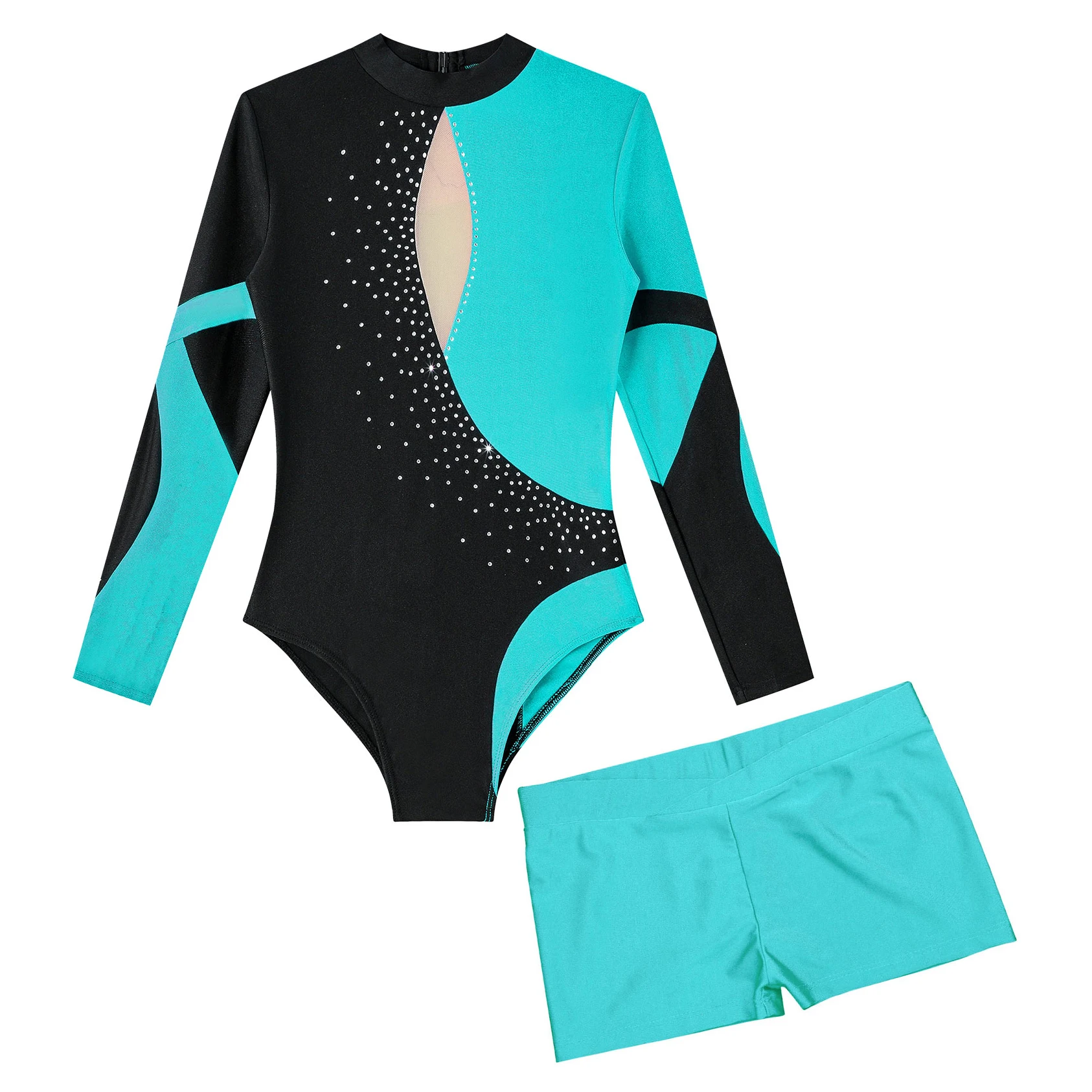 Kids Girls Ballet Dance Set Long Sleeve Rhinestones Open Back Gymnastic Figure Ice new Skating Mesh 2025 Leotard Jumpsuit and Shorts