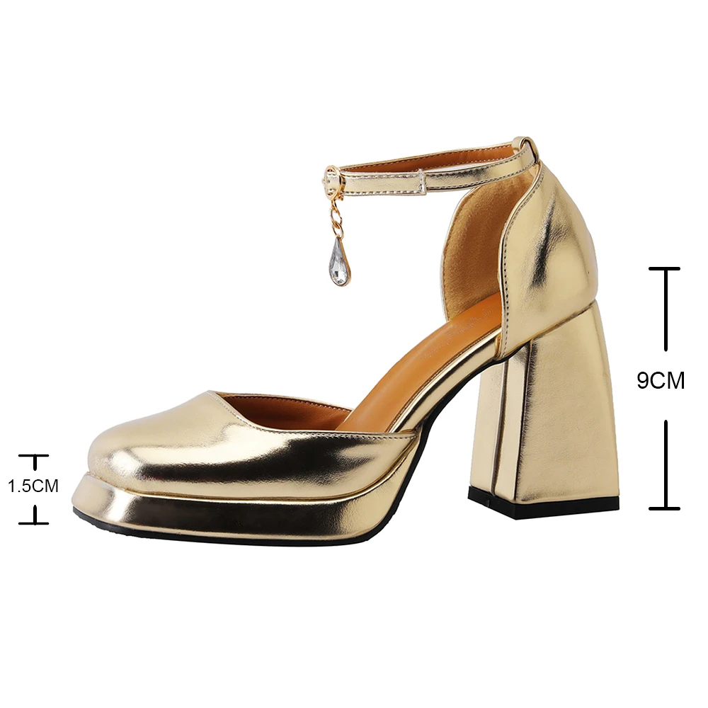 2024 New new Gold Sier Platform Pumps Women Thick 2025 Heels Mary Jean Shoes Woman Square Toe High Heeled Shoes Ladies Mirror Pumps
