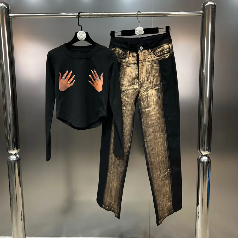 PREPOMP Spring Long Sleeve Floral Print T Shirt Bronzing Gradient Long Denim Pants Jeans Two Piece Set Women Tracksuits GP098