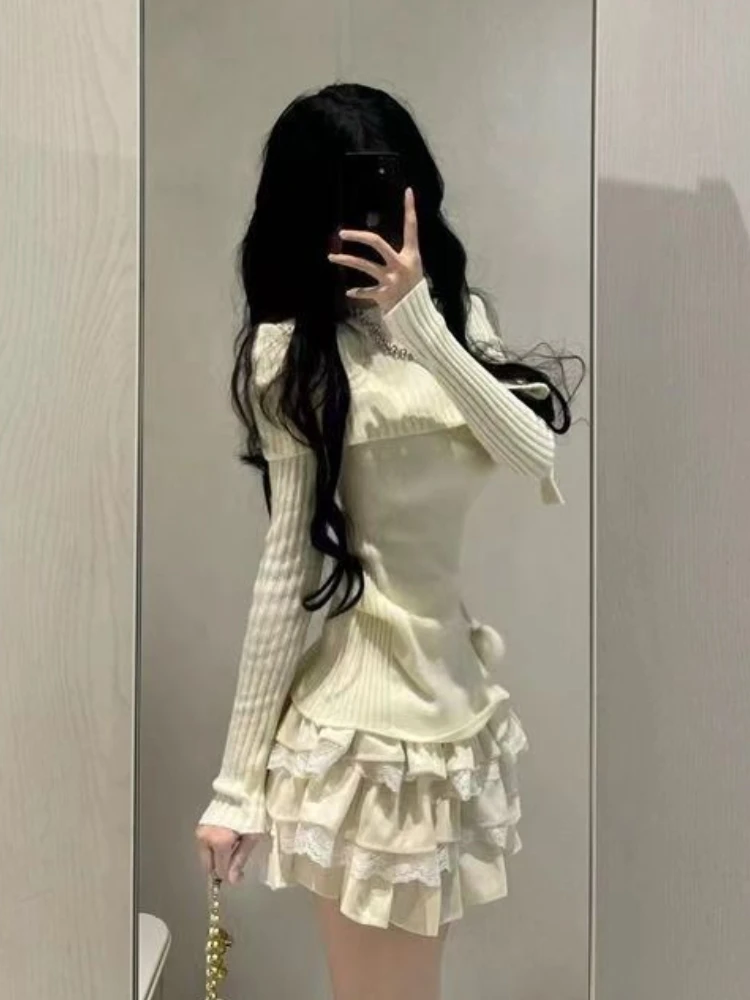 Autumn Winter Woman Vintage French Slah Neck Jumper Mori new Girl Sweater Fairycore Long Sleeve Solid 2025 Color Knitwears Gyaru Designer