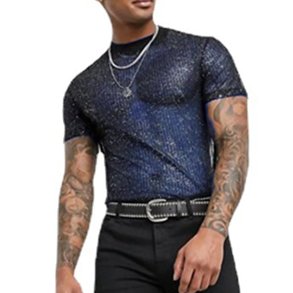 Men T Shirt See Through Sequin Shiny Mesh Sexy Undershirt Short Sleeve Shirts Casual Sexy Sheer Club Top Transparent Blouse