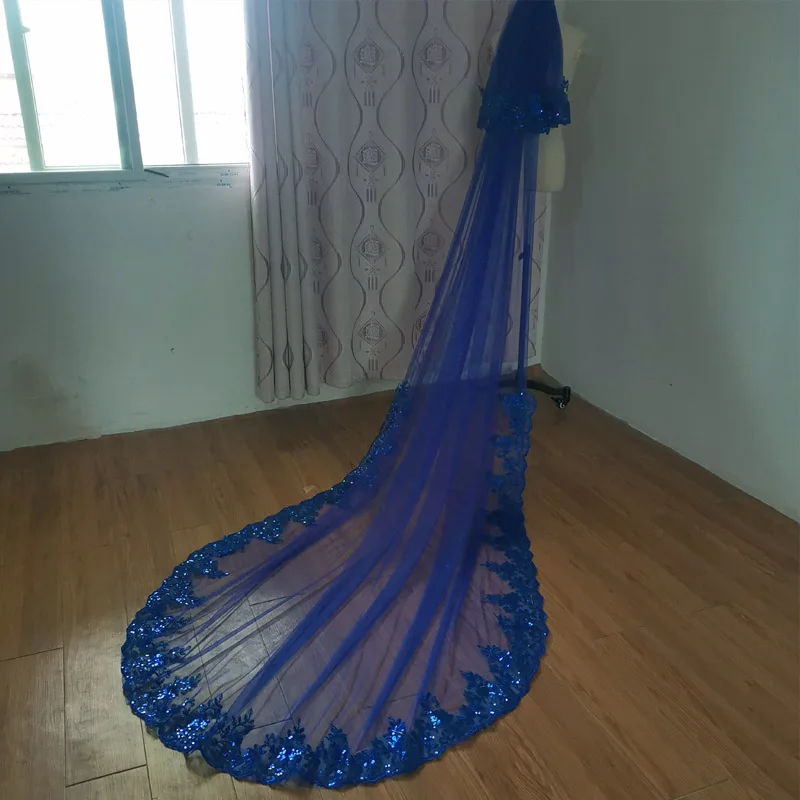 Sapphire blue veil 2023 new sequin 2025 lace veil bridal cathedral cover-up new wedding veil wedding accessories jewelry with hair comb