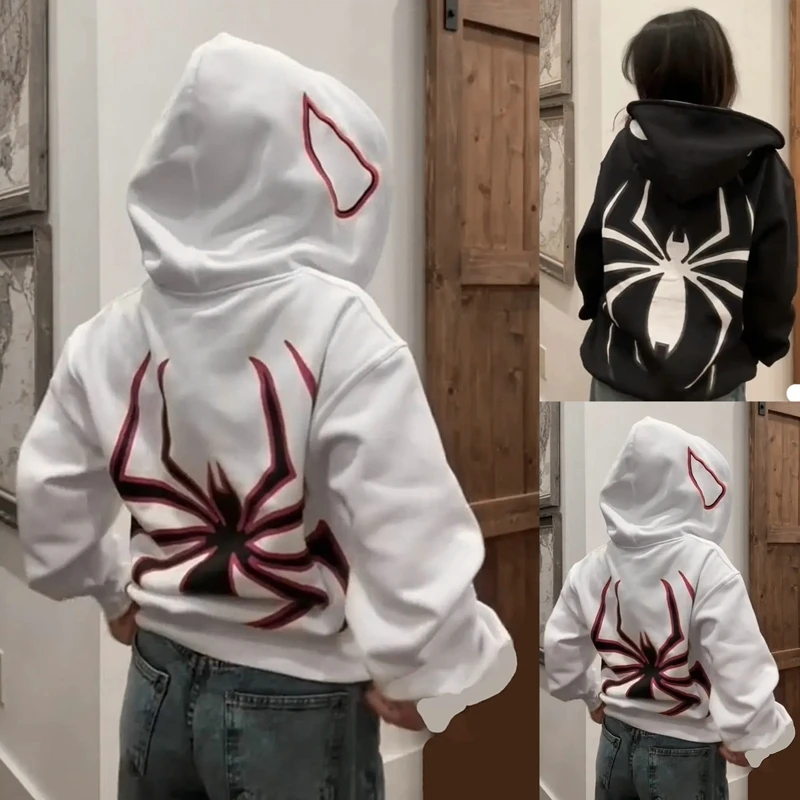 Halloween Women Spider Print Hoodies Men Hip Hop Zipper Long Sleeve Jacket Coats Autumn Winter Harajuku Loose Hooded Sweatshirt