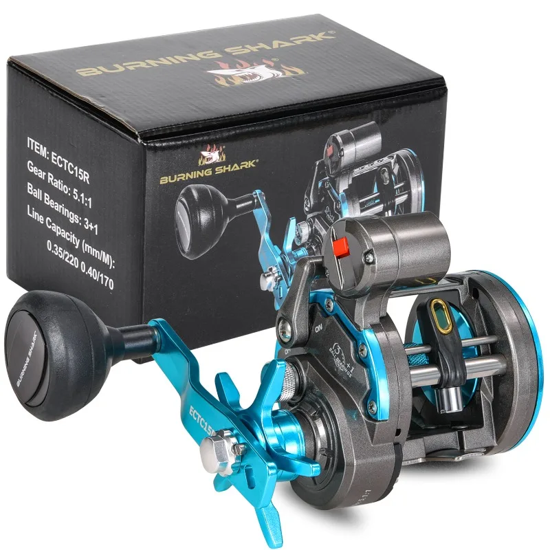 Sougayilang Saltwater Fishing Reel with Counter Aluminum Alloy Spool Blue Trolling Reel Max Drag 66LB Full Metal Fishing Reel